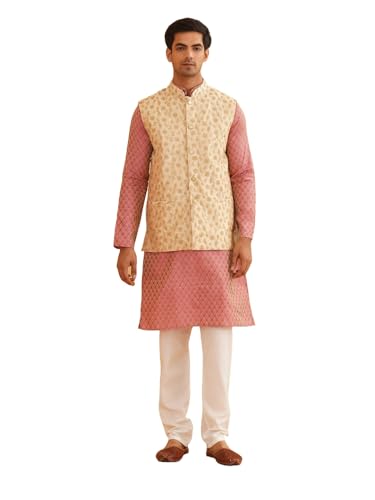 Image of SOJANYA (Since 1958 Men's Cotton Linen Maroon Kurta and White Pyjama with Mustard Cotton Nehru Jacket