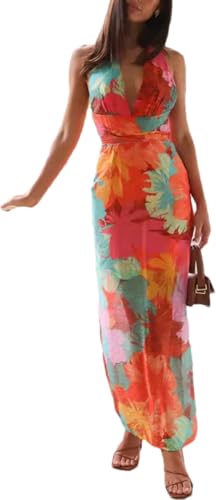 Women Sleeveless Halter Neck Vintage Floral Print Maxi Dress Casual Floral  Hawaiian Dresses Wedding Guest Sundresses (Red  Flower,S,US,Alpha,Small,Regular,Regular) at Amazon Women's Clothing store