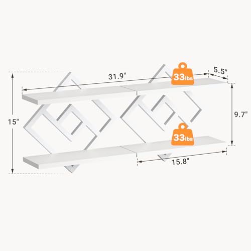 Image of ELYKEN Floating Shelves for Wall, Set of 2 Hanging Shelves, 2-Tier Wall Mounted Storage Shelves for Books & Decor, Perfect for Living Room, Bedroom, Kitchen, Home Office, Study, White