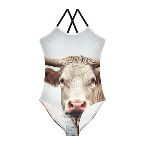 CHIFIGNO Cow Swimming Suit for Girls Quick Dry Crossback One Piece Swimming Suit with Adjustable Strap 3T