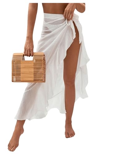 OYOANGLE Women's Mesh Sheer Swimsuit Cover Up Ruffle Tie Side Beach Sarong Wrap Long Skirt