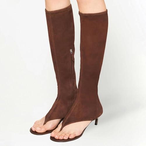 Women's Thong Style Open Toe Knee High Boots with Zipper Stretch Kitten Low Heel Tall Sandal Boots Kitten Heels Sandal Boots4