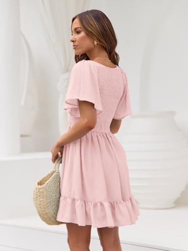Image of LILLUSORY Women's Flowy Casual Mini Dresses 2026 Summer Graduation Smocked V Neck Vacation Dress Dress with Pockets