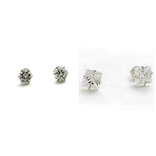 Silverwala 925-92.5 Sterling Silver Brilliant Cut Cubic Zirconia + Princess Cut Stud Earrings For Men,Women,Children,Boys and Girls (Combo Stud Earring) (Round + Square) (1 + 1 Pair) (3 MM)