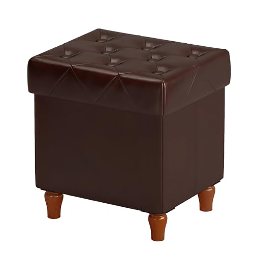 Image of CAROLMADE Folding Storage Ottoman Cube PU Leather Footstool with Wood Legs Ottoman Footrest for Living Room and Bedroom Brown, 15x12.6 x 15.4 inch