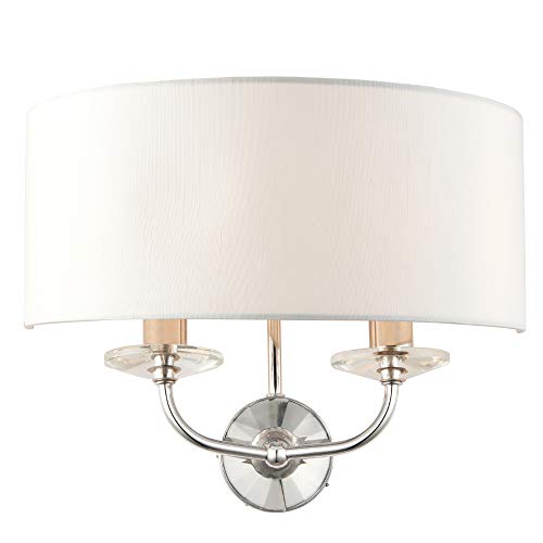 Image of 2x 40W E14 | 180mm Over Hang Twin Wall Light | Modern Bright Nickel & White Fabric Shade | Curved Arm Metal Bedside Feature Lighting | Multi Dual Bulb Living Room Lounge Hallway Mount | Dimmable & LED