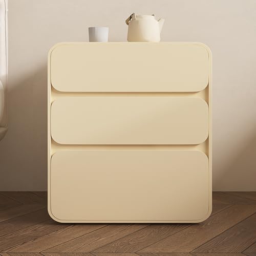 Mesita de noche con cajones (mesita de noche de madera maciza con 3 cajones, moderna y con acabado de cuero blanco, elegante mesita de noche para almacenamiento en el dormitorio, no requiere montaje