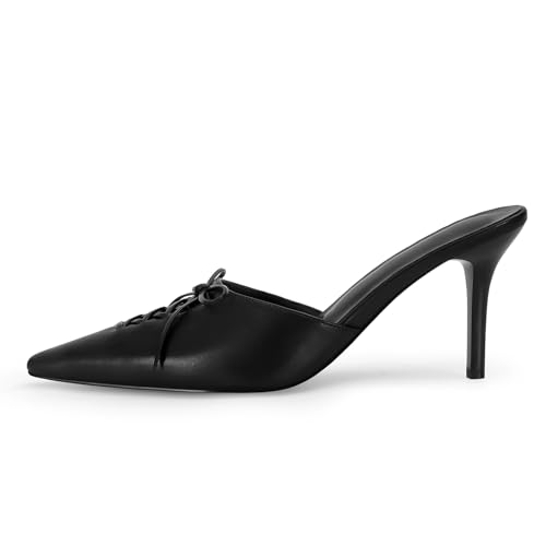 Image of Dsevht Black Kitten Heels for Women Pointed Closed Toe Dressy Bow Heel Vintage Heeled Mules Sexy Pointy Studded Slip on Stiletto Pump Shoes