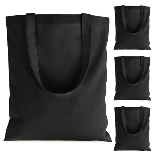 RAINFLOW Black Canvas Tote Bag - 4 PCS Cotton Canvas Reusable Grocery Shopping Blank Tote Bag with Handles for Crafts DIY, Gift, Advertising Activity