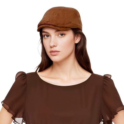 HIQIU Wildleder Schiebermütze Herren Barett Cap, Vintage Schirmmütze Herren Flat Cap Damen Freizeit Newsboy Cap Baskenmütze (DE/NL/SE/PL, Alphanumerisch, Einheitsgröße, Braun)