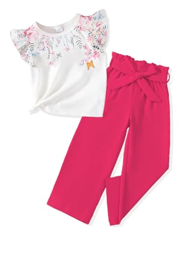 Image of Toddler Kid Girl Clothes Casual Ruffle Sleeve Floral Printed Top Solid Pants with Belt 3PC Outfit Set