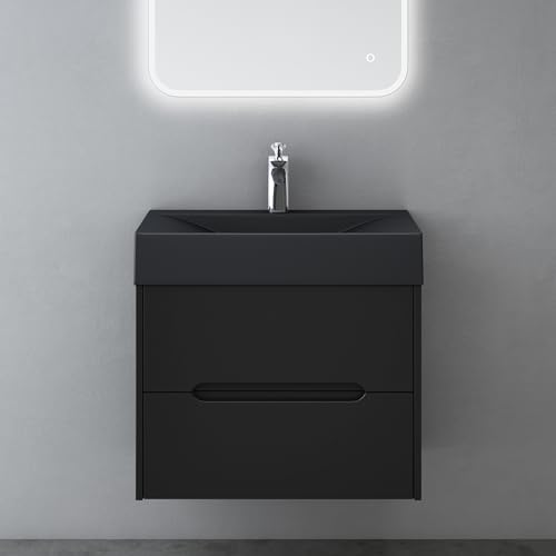 Mai & Mai Badezimmermöbel Waschbeckenunterschrank mit Softclose Schubladen inkl. Mineralguss Waschbecken 60cm in Matt Schwarz Badmöbel-Set Yoga