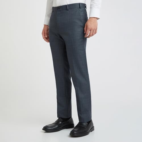 Image of Raymond Men's Slim Fit Mid Rise Structure Pattern Poly Viscose Blend Flat Front Formal Trouser