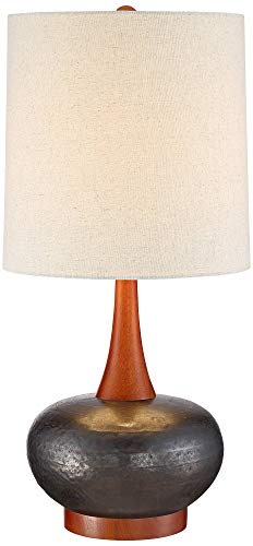 360 Lighting L1606006 Andi Mid Century Modern Table Lamp 24.5 Inch High Hammered Bronze Ceramic Wood Off White Tall Drum Shade thumb #1