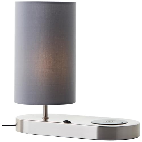 Brilliant Lampe de table moderne avec support basculant intégré, chargement sans fil par plateau de charge à induction et abat-jour en tissu gris – Idéal...