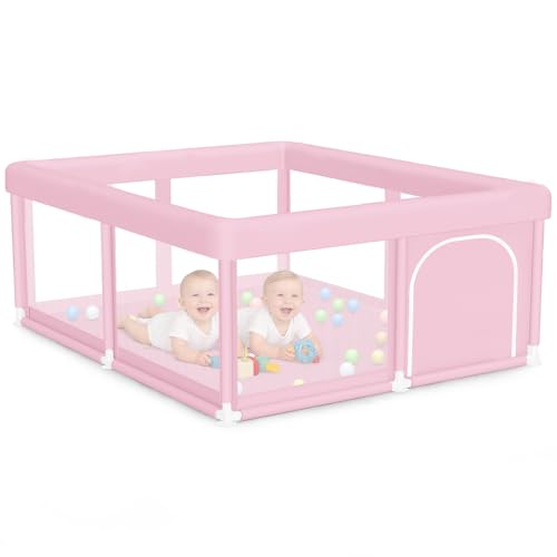 Image of Large Baby Playpen 50 inchx50 inch Baby Girl Play Pen for Babies and Toddlers, Safe Structure and Soft, Skin-Friendly Fabric with Zipper Gates Pink