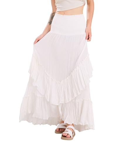 chouyatou Women's Boho Convertible Tube Top Skirt Dress Smocked Asymmetrical Swing Maxi Skirt Ruffle Long Sundress