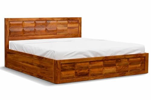 Image of Sheesham Wood King Size Bed with Storage Box | Wooden Box Bed King Size Double Cot Bed with Storage for Bedroom | Premium Barfi Design Headboard Bed for Hotel, Home | Honey Finish