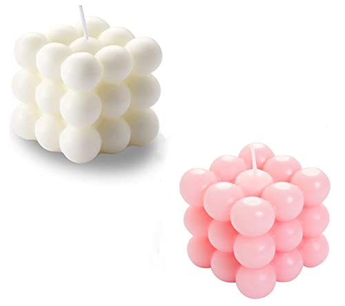 Pack of 2 Bubble Candles - Smokeless Cubed Soy Scented, Aesthetic Home Decor for Home Use and Gifting (White + Pink)