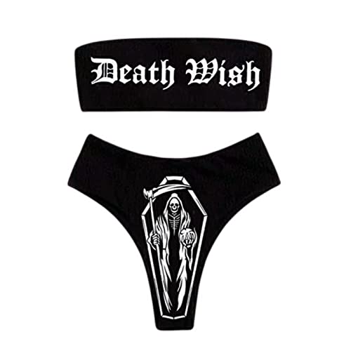 JUMISEE Women Skull Letter Pattern Goth Bikini Set 2 Piece High Waist Bandeau Swimsuit (Black)