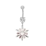 Cykdohy 14G Dainty Rhinestone Flower Dangle Navel Ring for Women Fashion Statement Snowflake Crystal Drop Belly Button Rings Sparkly CZ Barbell Stud Sexy Body Piercing Jewelry (Silver)