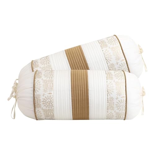 Image of Gifts Island Set of 2 Polyester Silk Traditional Hand-Block Printed & Striped Bolster Covers (Cream)