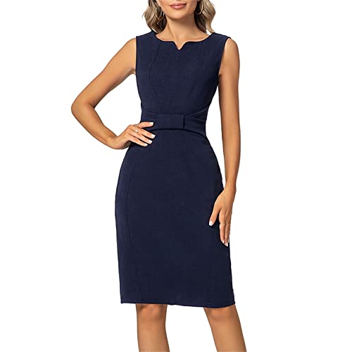 Image of MINTLIMIT Women Sheath Dress Notch V Neck Sleeveless Bow Waist Wear to Work Pencil Dresses Navy Blue