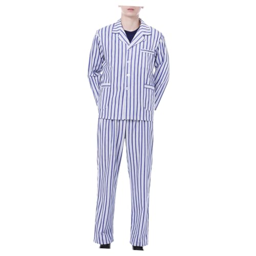 Pyjama coton manches longues Beaupretty ensemble rayé boutonné bleu et blanc
