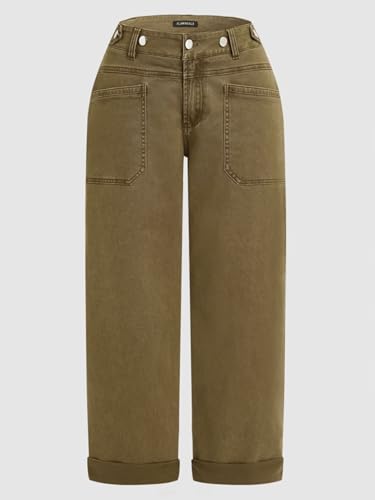 Flamingals Roll Hem Women Mid Waist Comfort Stretch Wide Leg Crop Pants Casual Button Detail Pocket4