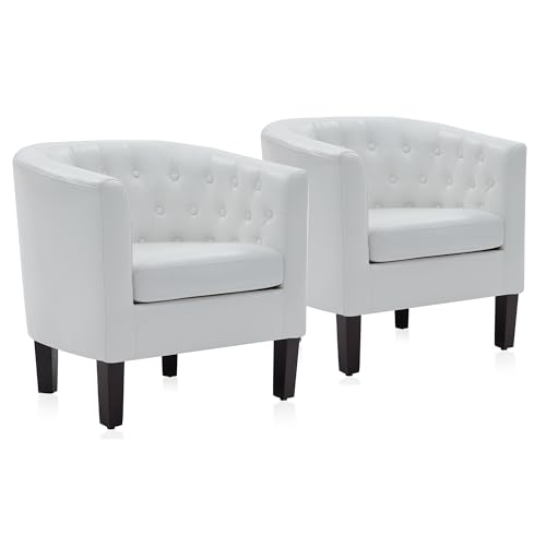 Image of BELLEZE White Accent Chairs for Living Room, Set of 2 Elegant Arm Chairs, Upholstered Tufted Barrel Chairs Club Chairs for Bedroom with Sturdy Legs and Faux Leather - Berlinda (White)
