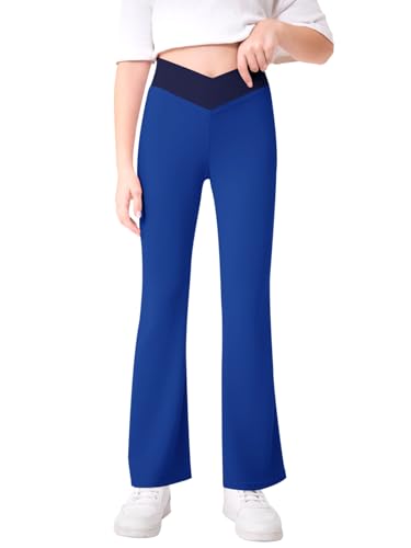 Haloumoning Girls Flare Leggings Cross High Waisted Bootcut Pants Kids Color Block Full Length Bell Bottoms 5-14Y