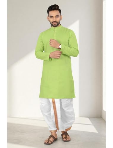 Image of UNIQUE MOMENTS Men's Cotton Dhoti Kurta Set with Full Sleeves Solid Pattern Modern Style and Mandarin Collar Neck | Perfect for Puja & Celebrations