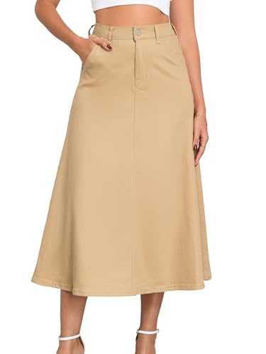 HUSKARY Jean Skirts for Women Long High Waisted A-Line Flared Pull On Stretchy Denim Skirt Midi...