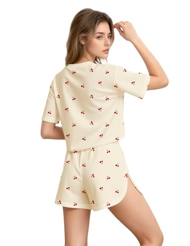 Image of Split Short Pajama Set Soft Women's Striped Pajama Sleeve Tee & Elastic Waist Shorts Lounge Sleepwear