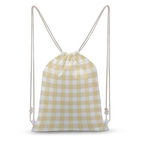 Jubonexis Mochila ligera de lona con cordón a cuadros, color amarillo pastel y crema, para hombres y mujeres