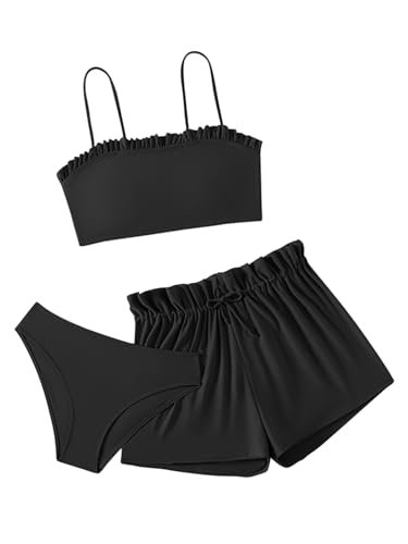 Image of Girl's 3 Piece Set Solid Ruffle Hem Bikini Sets Bathing Suit Black 160