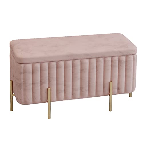 Reposapiés de terciopelo de lujo con patas de metal, banco otomano de almacenamiento rosa, tapa acolchada para sala de estar y entrada, elegante banco de extremo de la cama, 90 x 45 x 42 cm