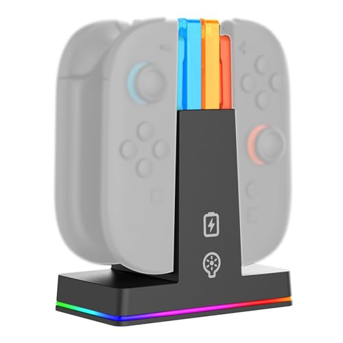 Plyisty Estación de Carga del Controlador para el Interruptor 2 2025, 4 en 1 Muelle del Cargador Magnético con Luces de 9 RGB y Cable de Carga, para Controladores de Mantenimiento de