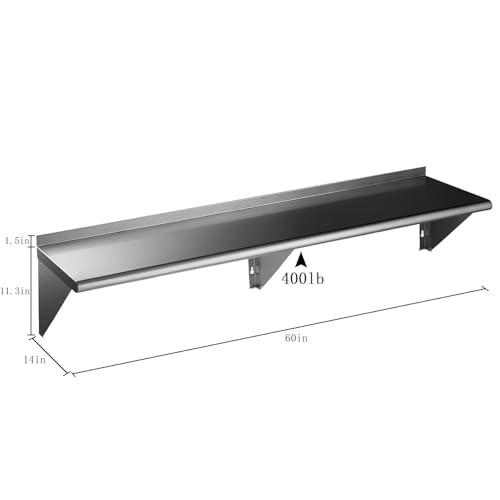 Image of ROCKPOINT Stainless Steel Shelf 14 x 60 Inches 400lb, NSF Metal Commercial Shelves Wall Mount Floating Shelving with Backsplash for Restaurant, Kitchen, Home and Hotel, Silver
