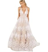 ABEWIP Women’s Casual Boho Floral Lace V-Neck Dress Spaghetti Straps Cocktail Maxi Dress Bridesma...