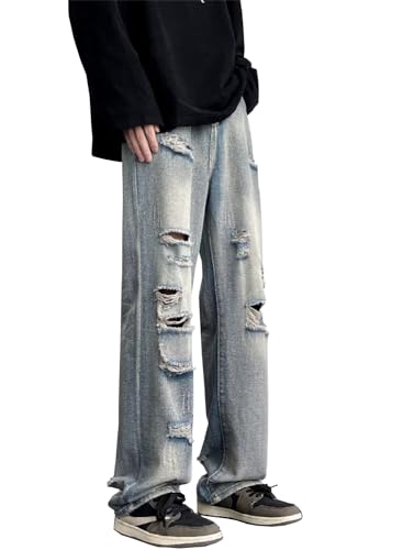 DAVID.ANN Ripped Distressed Destroyed Jeans,Straight Leg Denim Pants3