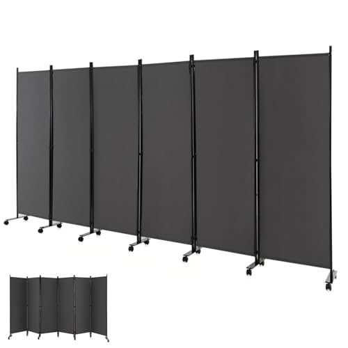 GOPLUS Biombo Separador de Ambientes de 6 Paneles con 14 Ruedas Bloqueables, Biombo Plegable de Tela con Marco de Metal para Privacidad, Divisor para Salón Dormitorio Oficina (Gris)