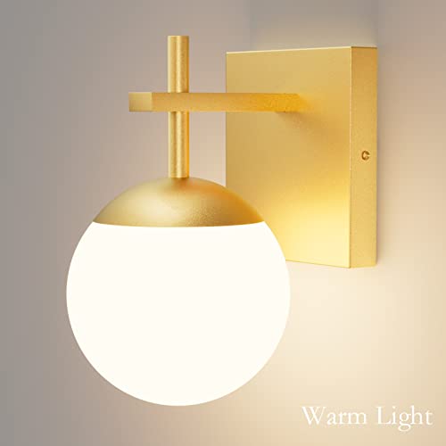 Image of Ralbay Gold Wall Sconce, Mid Century Modern Gold Wall Light Fixtures Milky Glass Indoor Wall Lamp for Home Decor Bathroom Kitchen Living Room Vanity Hallway, Gold 1 Light (Exclude Bulb)