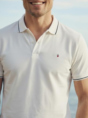 Image of Louis Philippe Men's Slim Fit Single-Tuck Pique Stylized Sleeve Print and Contrast Tipping Half Sleeve Solid Polo Tshirt