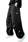 Boy's Drawstring Waist Streetwear Baggy Cargo Pants, Black, 13-14 Years = Tag 170