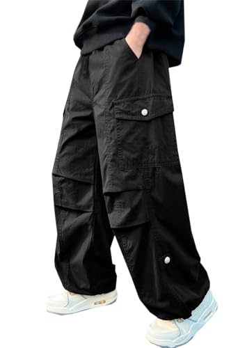 SANGTREE Boys Drawstring Waist Baggy Streetwear Cargo Pants,Black,11-12 Years =...