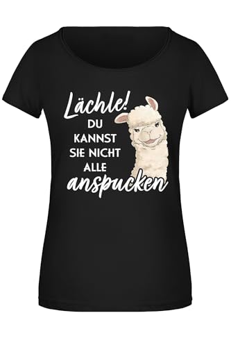 Damen T-Shirt mit lustigem Lama Spruch Lächle du Kannst sie Nicht alle anspucken Witziges Frauen Oberteil Lama T-Shirt für Humorvolle Freundinnen und Familie (Schwarz/M)