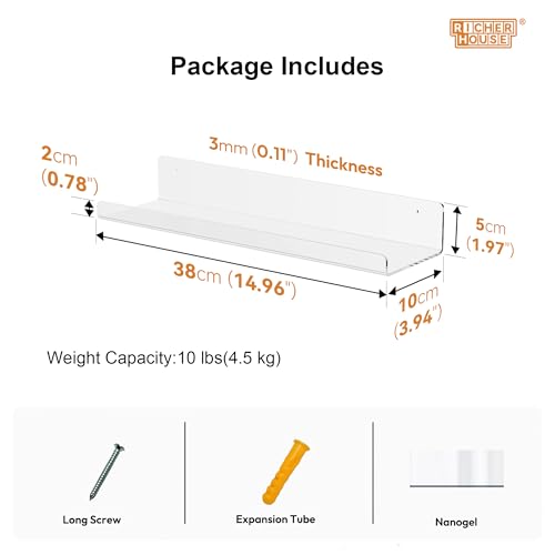 RICHER HOUSE 4er Set Wandregal Weiß, 38 cm Acryl Schwebendes Regal ohne Bohren Wand, Doppelte Befestigung (Kleber oder Schrauben) für Schlafzimmer, Bad, Küche, Wohnzimmer Lagerung & Organisation