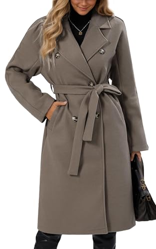 Maeau Langer Mantel aus Tweed, für Damen, zweireihig, Herbst, Winter, lange Jacke, warm, elegant, lässig, langer Trenchcoat mit Gürtel, Größe S...