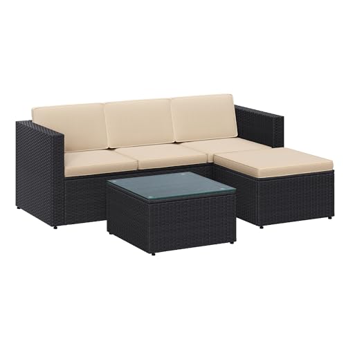 SONGMICS Garden Furniture Set, PE Rattan Patio Furniture Set, Outdoor Corner Sofa Couch, Handwoven Rattan Patio Conversation Set, with Cushions and Glass Table, Black and Taupe GGF005B05 1 SONGMICS Garden Furniture Set, PE Rattan Patio Furniture Set, Outdoor Corner Sofa Couch, Handwoven Rattan Patio Conversation Set, with Cushions and Glass Table, Black and Taupe GGF005B05